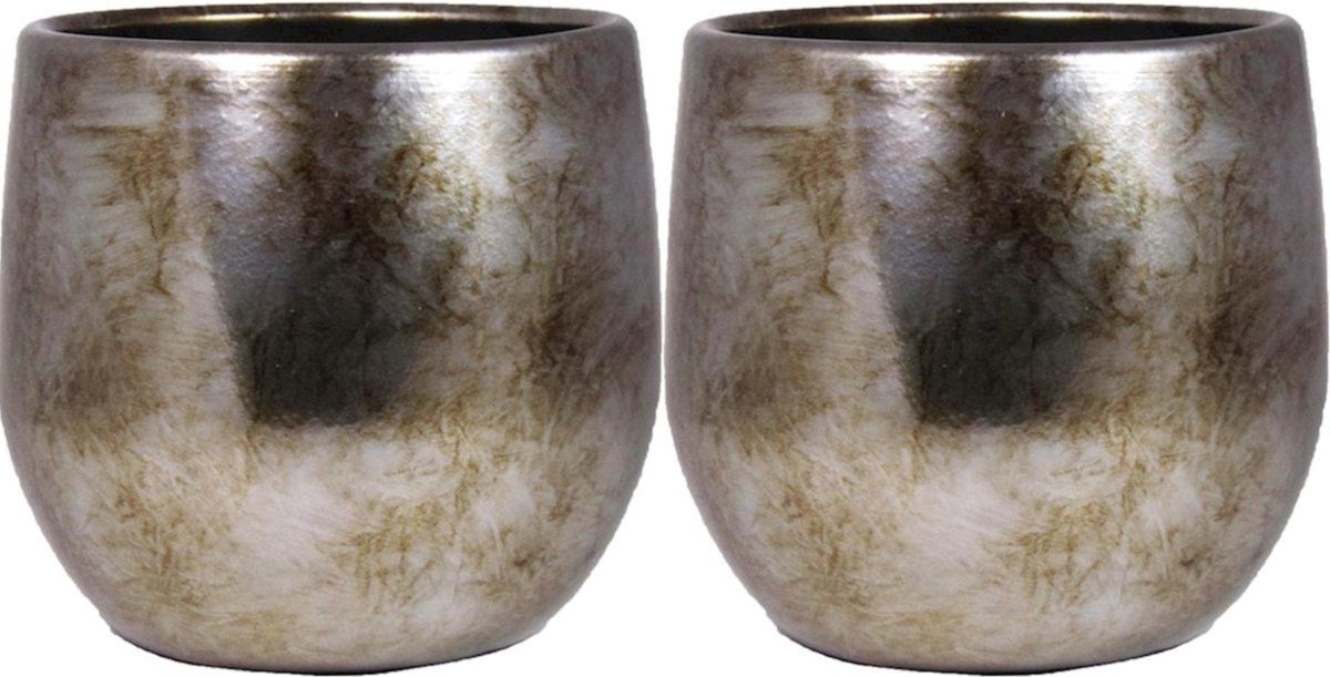 Bela Arte - Plantenpot/bloempot - 2x - keramiek - goud glans - D16/H14 cm