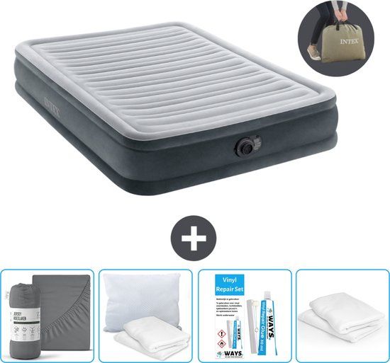 Intex Luchtbed - Twijfelaar - 137 x 191 x 33 cm - Grijs - Inclusief pomp - Hoeslaken - Kussen - Reparatieset en Kussenbeschermer