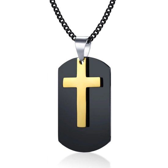 Mendes Jewelry Heren SchakelKetting met Zwarte Dogtag Hanger Goudkleurig Kruis