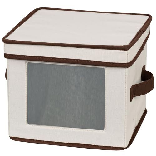 Household Essentials Dessert Plate or Bowl Storage Chest, Natural Canvas with Brown Trim