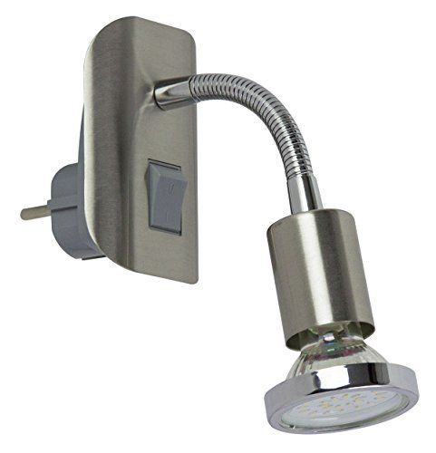 Trango LED-stekkerlicht 11-052 in roestvrij staal look met decoratieve chroomring, stekkerlicht, nachtverlichting incl. 1x per GU10 3000K warmwitte LED-lamp & AAN/UIT-schakelaar leeslamp, wandlamp