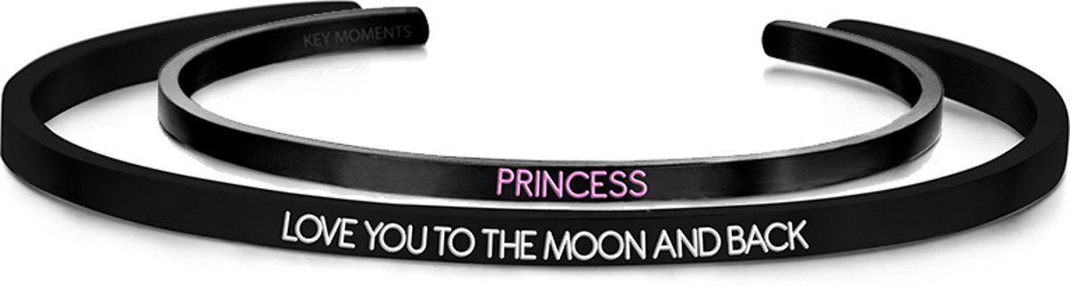 Key Moments 8KM SET003 Stalen Open Bangles met Tekst - Love You to The Moon and Back en Princess - Zwart - Maat S en M