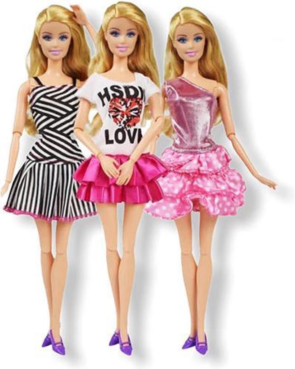 Isa's Friends Barbie kleding - 3 Outfits voor poppen - Poppenkleertjes - Geschikt voor o.a Barbie - Setje 'Femke' - Barbie kleertjes - GRATIS verzending