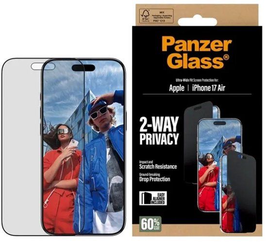 PanzerGlass Screenprotector geschikt voor Apple iPhone Air Glazen | PanzerGlass Ultra-Wide Fit Privacy Screenprotector Privacy - Case Friendly - Zwart