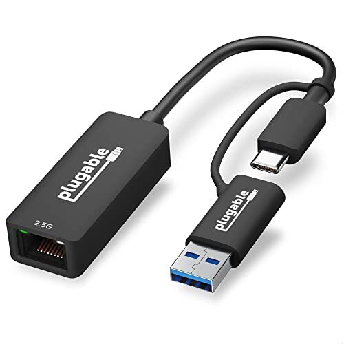 Plugable 2,5 Gb USB C en USB naar Ethernet-adapter, 2-in-1 adapter compatibel met USB C/Thunderbolt 3 of USB 3.0, USB-C naar RJ45 2,5 Gigabit LAN compatibel met Mac en Windows