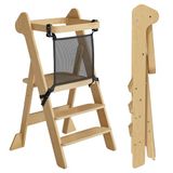 COSYLAND Opvouwbare Houten Leertoren vanaf 1 Jaar – Winnaar van de iF Design Award, met Veiligheidsnet en Verstelbare Hoogte, Perfect voor Keuken en Badkamer (Naturel)