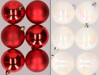 Merkloos / Sans marque Kaemingk B.V. 12x stuks kunststof kerstballen mix van rood en parelmoer wit 8 cm