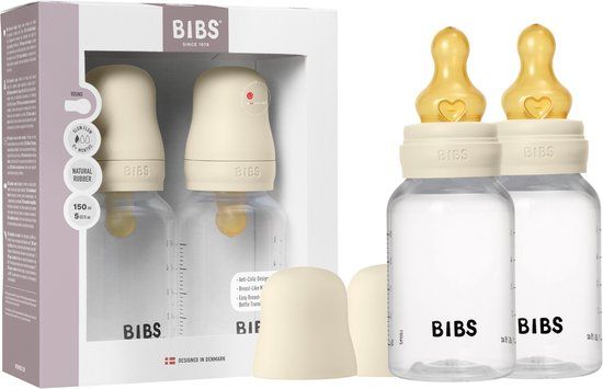 BIBS Babyfles 150 ml Natuurlijk Latexrubber Speen Verpakking 2 stuks - Anti-koliek, BPA-vrij, Ronde Speen, Langzame Stroom - Ivory