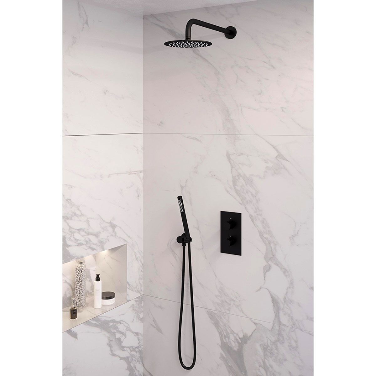 Brauer Regendoucheset 27 Inbouw Muur Black Edition 20cm Rond Mat Zwart 2 Greeps 3-weg met Thermostaatkraan en Staafhanddouche