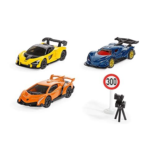 SIKU 6328, Cadeauset Supercars, Lamborghini Veneno, Apollo I.E., McLaren Senna, beweegbare onderdelen, incl. verkeersbord en flitspaal