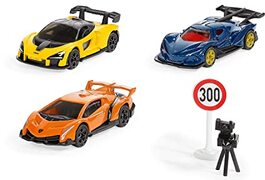 SIKU 6328, Cadeauset Supercars, Lamborghini Veneno, Apollo I.E., McLaren Senna, beweegbare onderdelen, incl. verkeersbord en flitspaal