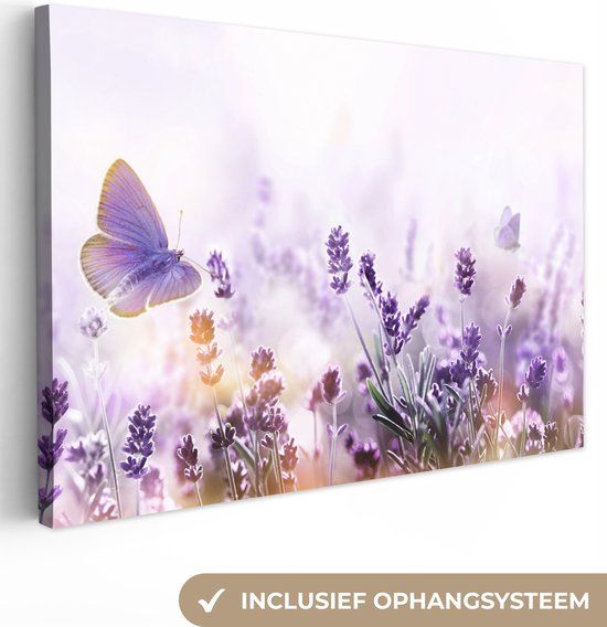 OneMillionCanvasses Canvas schilderij 140x90 cm - Lavendel vlinder paars bloemen natuur