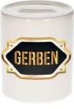 Bellatio Decorations Shoppartners Bv Spaarpot met voornaam Gerben - wit - met goud/zwart embleem - 8 x 9 cm - keramiek - met afsluitdop - cadeau verjaardag