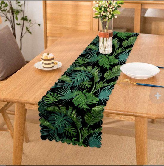 Velvet Tafelloper 45x220 - Palmbladeren - Groen/Zwart - De Groen Home