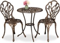 Relaxdays bistro set, bistrotafel en stoelen, 2 persoons, met parasolgat, aluminium, tuinset, buiten, bronskleurig