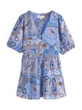 Next - Dames - Gelaagde mini-jurk met linnen, met korte mouwen en knoopsluiting - Blauw