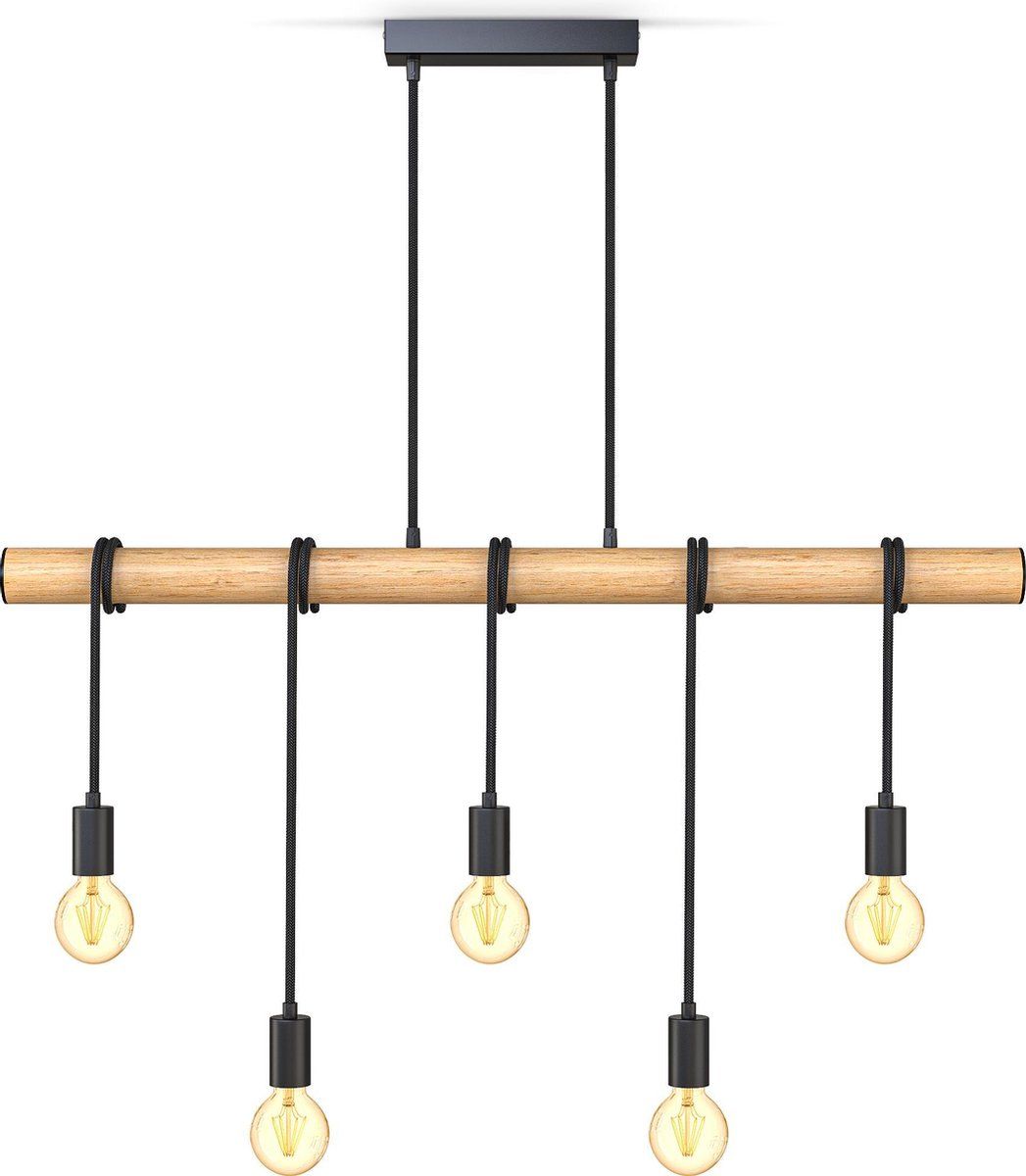 B.K.Licht - Landelijke Hanglamp - eetkamer - zwart - hout - 5 lichtpunten - E27