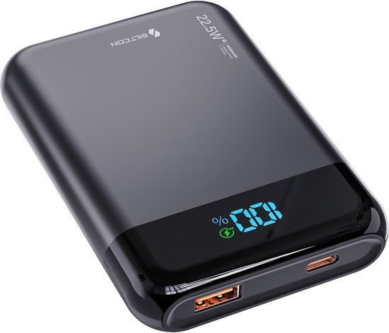 Siltcon® Ultra Compacte Powerbank 10000 mAh - 22.5W Snellader – USB-C / A - LED Indicatie - Noodpakket – Universeel voor Telefoons, Tablets & Meer– 2 Poorten - Zwart