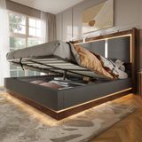 MODFU Bed - LED En Opbergruimte - Retro - Stof Hout Metaal - Grijs Walnoot - 180x200 Cm