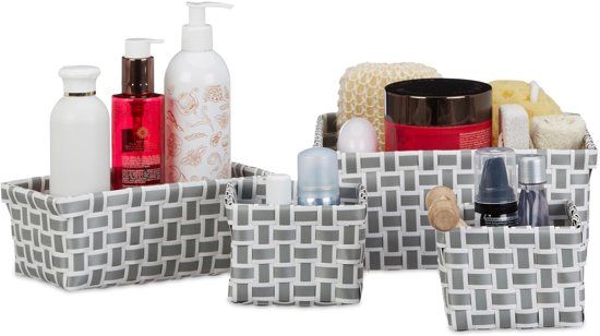 Relaxdays Opbergmanden Set van 4 - Gevlochten Kunststof - Mand voor Badkamer - Mandje Wit-Grijs