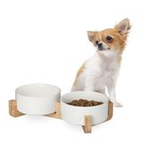 Relaxdays hondenvoerbak, keramiek, 850 ml, dubbele hondenbak met bamboe houder, HBD: 9x32x17 cm, eetbak, drinkbak, wit