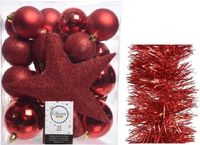 Kaemingk B.V. décorations de Noël boules de Noël en plastique 5-6-8 cm avec étoile et guirlandes en aluminium lot rouge de 35 pièces - décorations de sapin de Noël