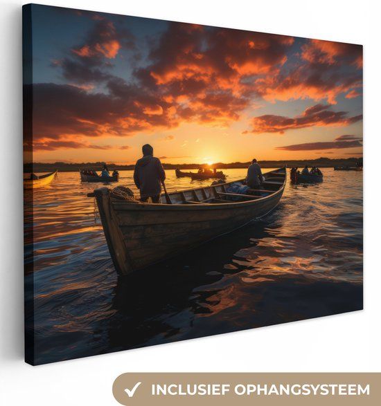 OneMillionCanvasses Canvas Schilderij 160x120 cm - Boten Zonsondergang