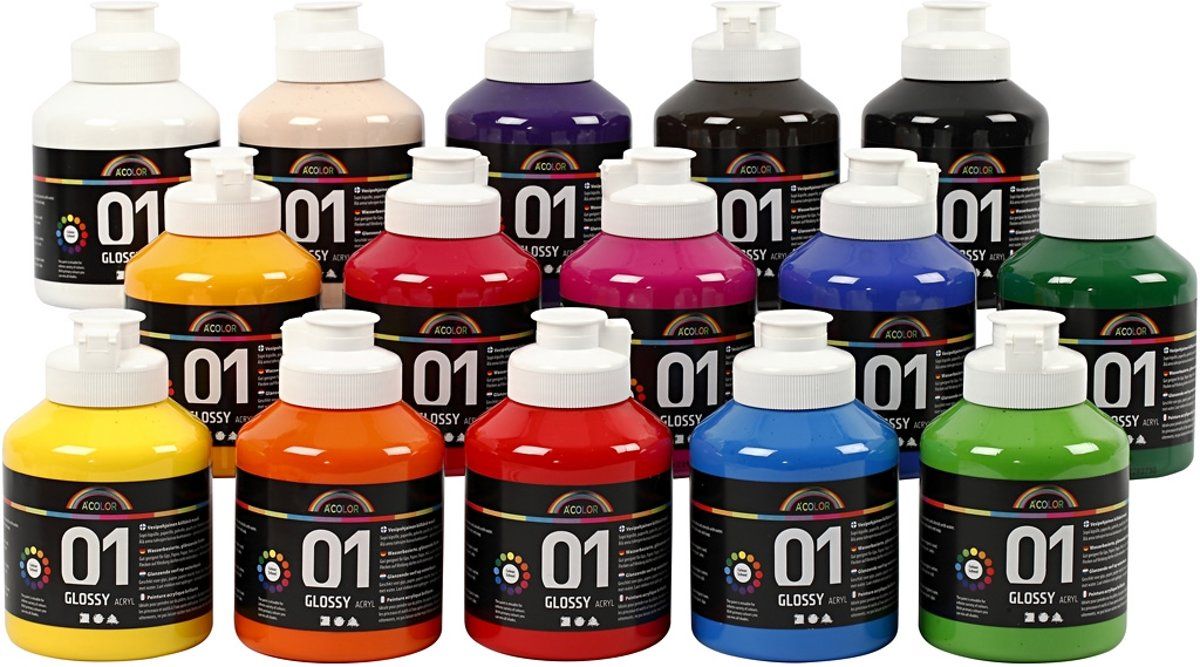 Acolor acrylverf kleuren assorti 01 glossy 15 x 500 ml