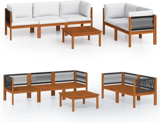 vidaXL 6-delige tuinloungeset met kussens crèmekleurig acaciahout en touw