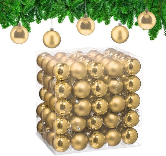 Relaxdays Kerstballen set van 100 - Ø 6 cm - glanzend - mat - kunststof - goud