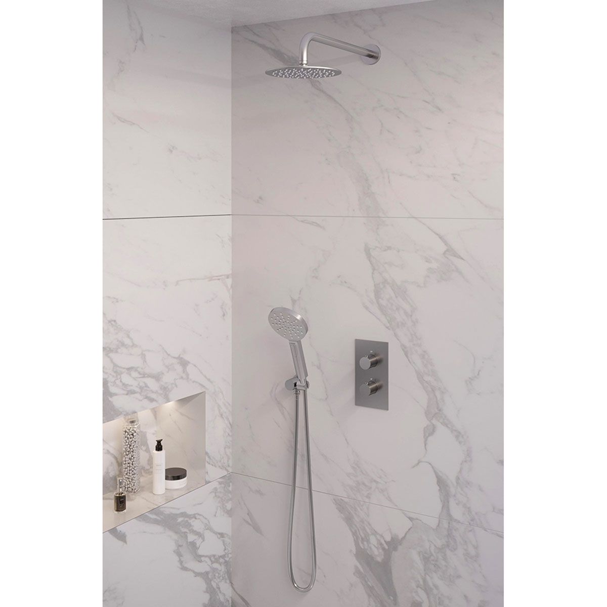 Brauer Regendoucheset 33 Inbouw Muur Brushed Edition 20cm Rond Geborsteld Nikkel PVD 2 Greeps 3-weg met Thermostaatkraan en Handdouche