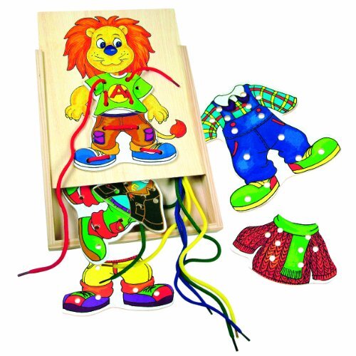 Bino world of toys Bino Leo Naaibox, speelgoed voor kinderen vanaf 3 jaar (houten speelgoed ter bevordering van kindervaardigheden, kleurrijk motoriekspeelgoed, kinderspeelgoed met sjablonen, rijgkoorden en opbergdoos)