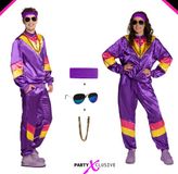 PartyXclusive 5-Delig Fout Trainingspak Jas/Broek/Hoofdband/Ketting/Bril Jaren 80 & 90 Kostuum Disco Foute Party Outfit Dames en Heren Retro Verkleedkleding Carnavalskleding Heren Carnavalskleding Dames - Polyester - Paars - Maat 2XL