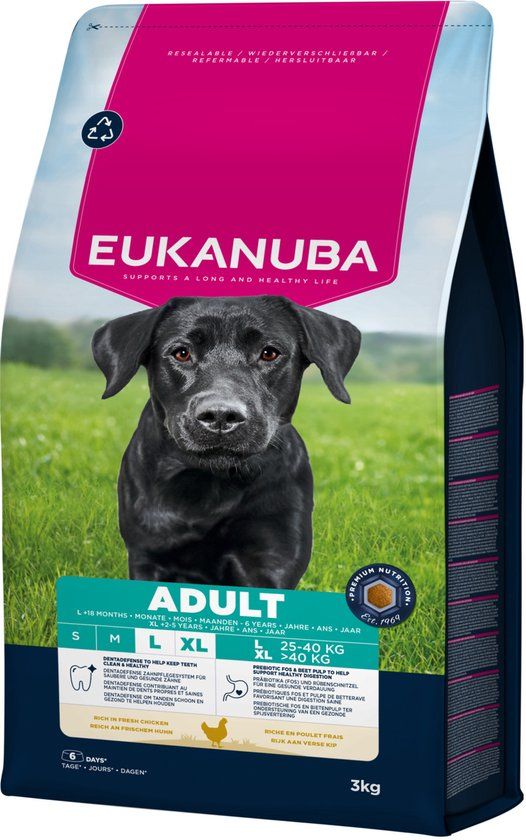 Eukanuba Droogvoer met verse kip voor grote rassen, premium droogvoer voor volwassen honden, 3 kg