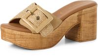 Tamaris - Dames - Muiltjes - Beige - Leer/Textiel - Blokhak - 8 cm en hoger - Maat 41