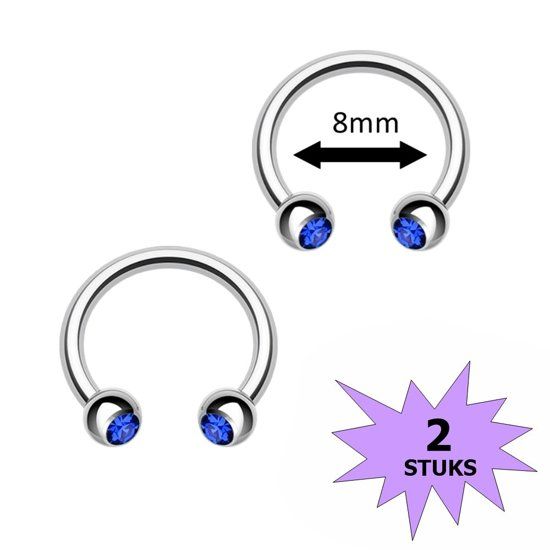 Fako Bijoux - Circular Barbell Piercing - Hoefijzer Kristal Duo - 8mm - Donkerblauw - 2 Stuks