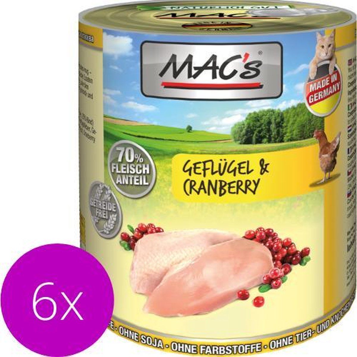 MAC's Kattenvoer Natvoer Blik - 70% Gevogelte & Cranberry - 6 x 800g