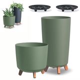 Pot de fleurs d'extérieur et d'intérieur sans marque avec pieds - Lot de 2 - Vert - Plastique - Rond - Jardinière sur pied
