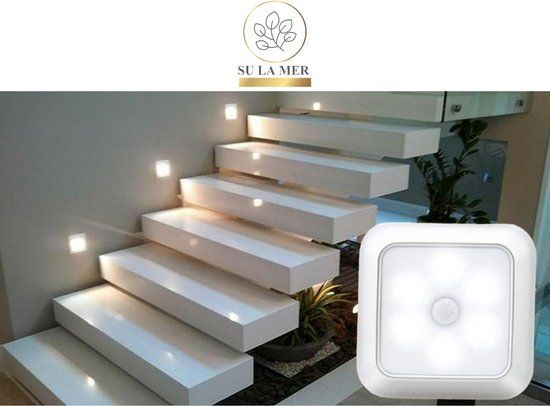 Su La Mer LED Nachtlampje - Bewegingssensor - Warm Wit - Vierkant - Batterij - 6 Lichtpunten