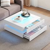 STILVORA Salontafel - Hoogglans Met Glasplaat En Ledverlichting - 3 Laden Voor Kleine Woonkamer - Wit - 70x70x35 Cm