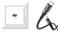 EHMANN 2in1 Bundle: Inbouw USB-laadstation - C 65W Lader, Wit & C-kabel Met Power Delivery (PD), Vermogensmeting (Digitaal Display), 100W Opladen, 480Mbps Gegevensoverdracht, 3m Lengte