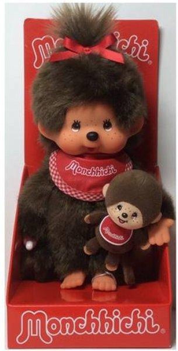 Monchhichi 242184 - Originele Monchhichi meisje met mini-monchhichi, pluche figuur met rood slabbetje en strik in het haar, knuffeldier van bruin pluche, ca. 20 cm groot