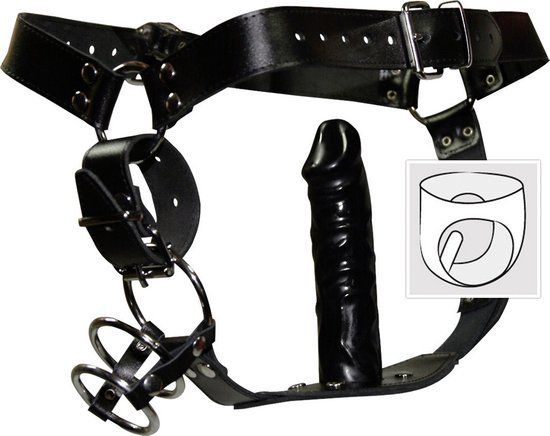 ZADO - Leren Bondage String met 3 Penis Ringen en Anale Dildo - Zwart - S/M