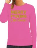 Bellatio Decorations Foute Kersttrui/Sweater Dames - F*cking - Roze - Glitter Goud - Kerstman XS