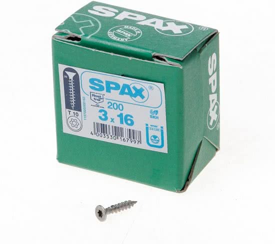 Spax Spaanplaatschroef platverzonken kop RVS T-Star T10 voldraad 3.0 x 16mm (Prijs per 200 stuks