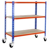 Simon Rack Metalen stelling met wielen 975x800x500 mm - Maderclick | 3 niveaus, Houten legbord, 75 kg buigbelasting, Corrosiewerende coating, Montage met kliksysteem, Blauw/Oranje