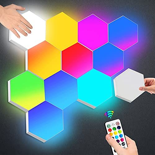 Amailtom Zeshoekige wandlamp met afstandsbediening, Smart Touch modulaire LED-verlichting, RGB wandpaneel, DHZ nachtlampje, geometrisch gesplitste quantumverlichting, voor thuis, hal, kantoor, hotel, bar, feestelijk cadeau, 6 stuks