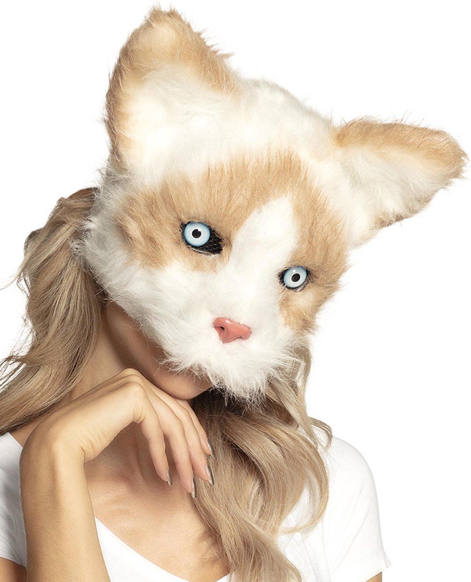 Boland - Pluche kat masker voor volwassenen - Beige/Wit