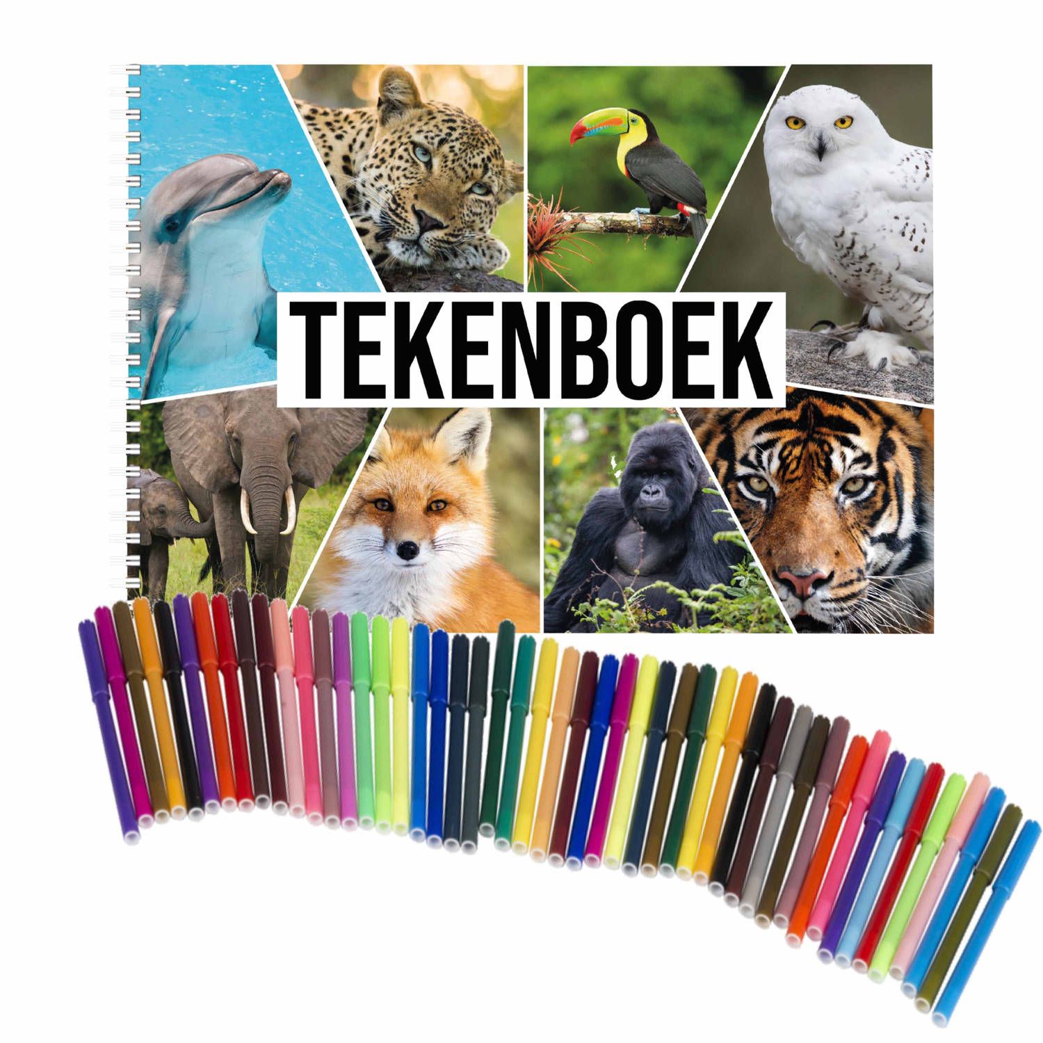 Bellatio Decorations Schetsboek Dieren liefhebbers A4 50 paginas met 50 viltstiften - Tekenboeken cadeau voor kinderen