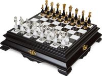 Jeu d'échecs : pièces d'échecs en laiton/bois, or/argent + échiquier en marbre/bois, blanc, 46 pièces